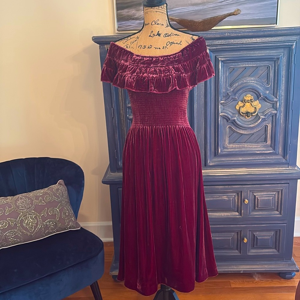 HILL HOUSE Velvet Wine burgundy red silk dress Damaged XS 2 Holiday Designer